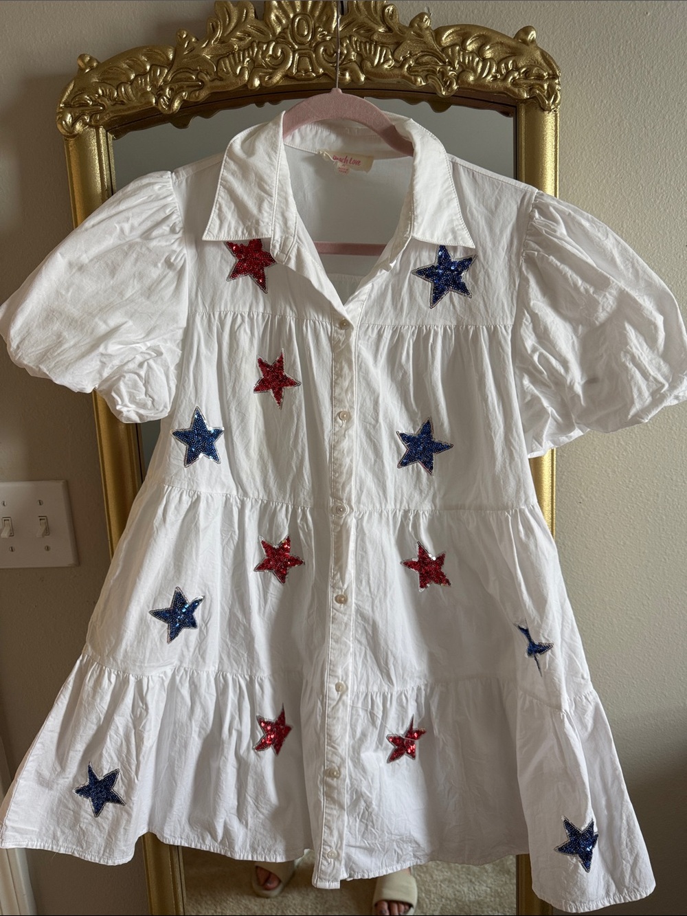 Peach Love California White Mini Dress with Red & Blue Star Appliqués
